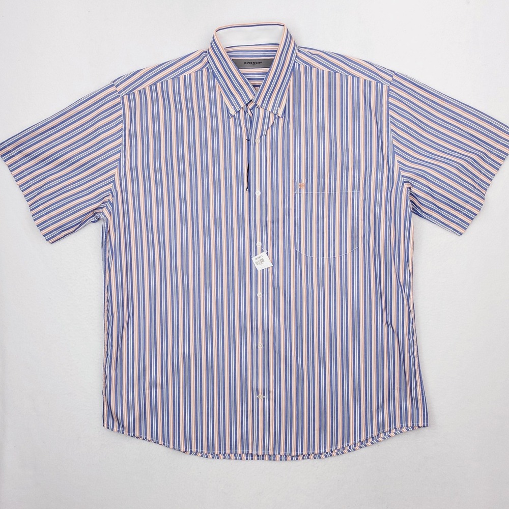 Givenchy Shirt Mens Large Blue Orange Striped Button Up Short Sleeve Relaxed Fit